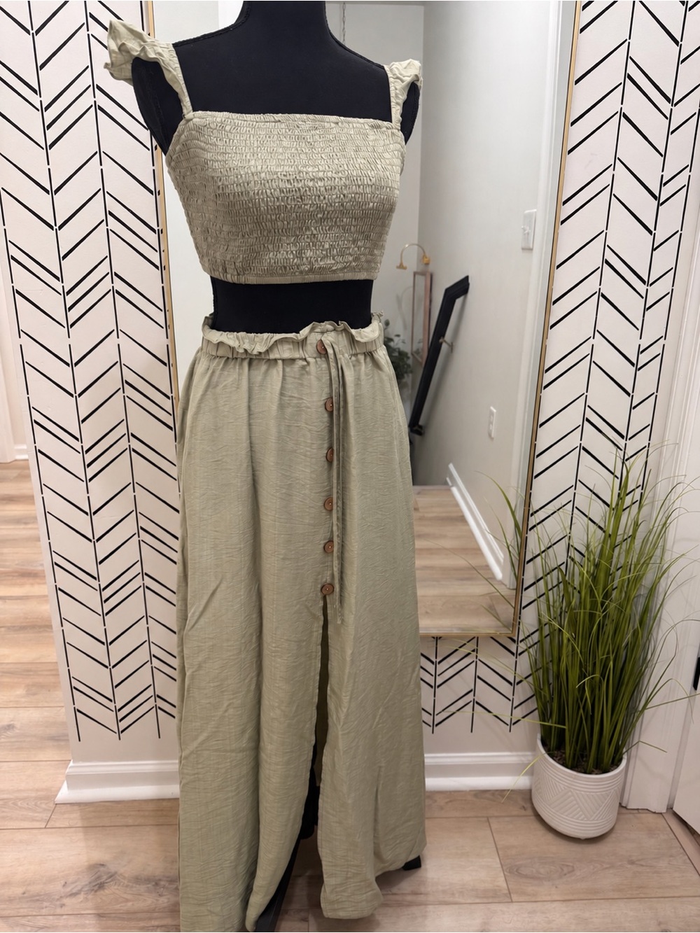 Sage Green Smocked Crop Top & Maxi Skirt Two-Piece Set